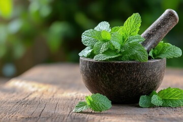 Closeup of fresh mint leaves being ground in a mortar kitchen setting culinary content natural environment macro viewpoint herb preparation