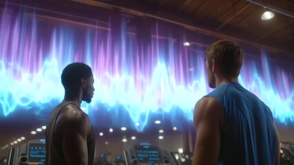 Intense gym workout with coach and athlete analyzing biometric data in real-time.