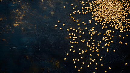 Obraz premium Einkorn grains, golden and slim, arranged in a scattered pattern on a dark, minimalist surface.