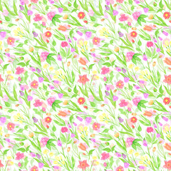 Hand drawn watercolor wildflowers seamless pattern. Flower of the field isolated on white background. Can be used for textile, fabric, scrapbook and other printed products.