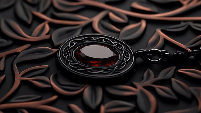 Ornate dark metal pendant with red gem, detailed leaf pattern