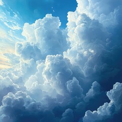 Vast, fluffy clouds fill the sky.  Light streams through