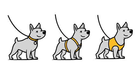 Dog on a leash, with different leashes. Contour illustration. Vector illustration, flat on a white background