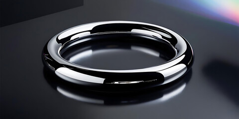 Sleek Silver Ring on Glossy Black with Rainbow Reflection

