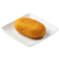 Golden-brown croquette on a square white plate, crispy texture