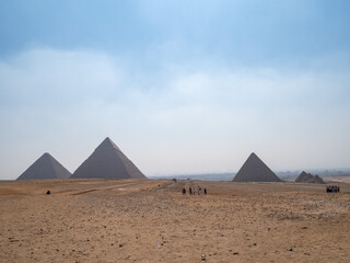 Africa, Egypt, Cairo city, Giza, Giza pyramids. Three pyramids, sphinx, statue, saqqara pyramid,...