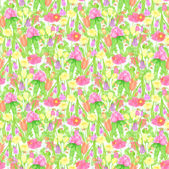 Hand drawn watercolor wildflowers field seamless pattern. Flower of the field isolated on white background. Can be used for textile, fabric, scrapbook and other printed products.
