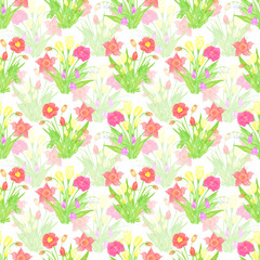 Hand drawn watercolor wildflowers bouquets seamless pattern. Flower of the field isolated on white background. Can be used for textile, fabric, scrapbook and other printed products.