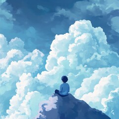 A solitary figure sits atop a mountain peak, gazing at a vast expanse of fluffy, light-blue clouds against a vivid blue sky.  The figure is simple,  and the colors are soft and pastel