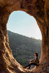 happy woman in mountains. girl traveling in mountains. trekking and hiking. girl with backpack.
