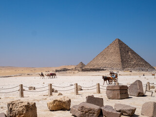 Africa, Egypt, Cairo city, Giza, Giza pyramids. Three pyramids, sphinx, statue, saqqara pyramid,...