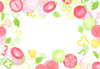 Hand drawn watercolor vegetables frame border. Illustration of cut tomatoes pepper onion isolated on white background. Can be used for label, card, scrapbook and other printed products.