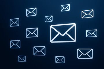 A dark blue background with multiple white email icons floating around in a scattered arrangement
