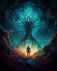 A lone figure walks toward a glowing tree in a surreal alien forest lit by stars and neon colors.