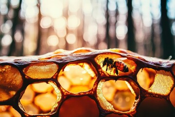 Ultra realistic bee inside sunlit honeycomb cell in forest. AI-generated.
