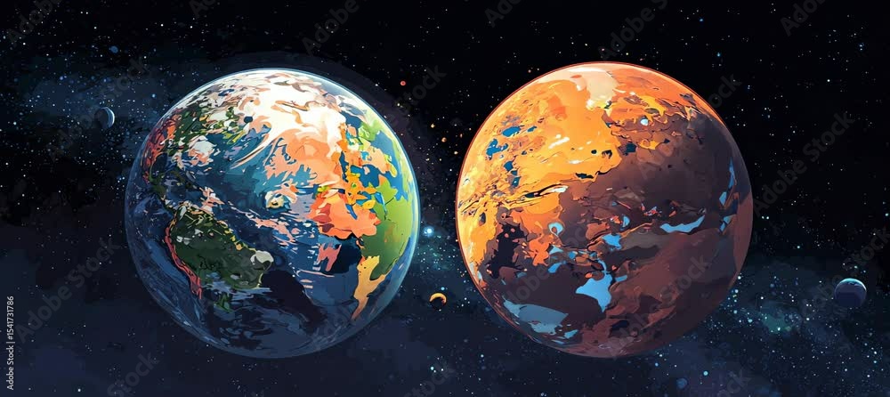 Aufkleber earth and mars planet rotation. space astronomy science education. generative video ai technology.