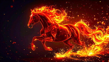 Image of a red fire horse galloping through the flames, symbol of the year 2026 according to the Eastern calendar. AI, Illustration, Generation, Generated image.