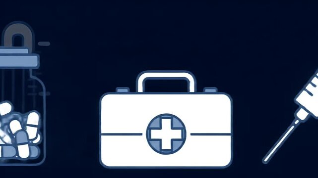Graphic illustration of thermometer pills in jar and medical kit for healthcare solutions