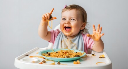 Joyful baby covered in food, giggling in highchair during messy self-feeding. Hands full of pasta, celebrating messy independence. Concept of self learning.