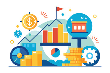 Colorful Business Growth Illustration with Data Analysis and Financial Success Elements Representing Progress and Achievement in a Dynamic Business Environment