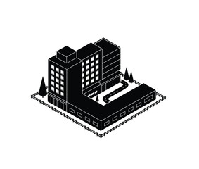 Hotel builing or commercial building vector in black color on white background.