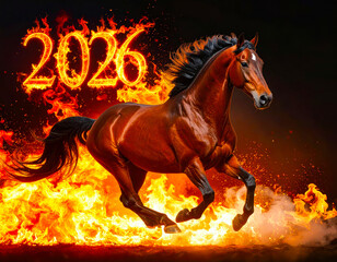 Image of a red fire horse galloping through the flames, symbol of the year 2026 according to the Eastern calendar. AI, Illustration, Generation, Generated image.