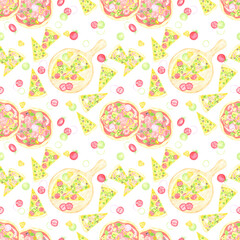 Hand drawn watercolor cheese and tomato pizza slices on the wooden cutting board seamless pattern isolated on white background. Can be used for textile, fabric, scrapbook and other printed products.