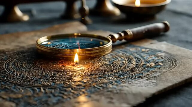Magnifying Glass Over Ancient Engraved Paper with Flame