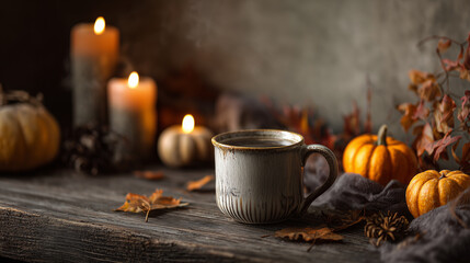 Obraz premium キャンドルの灯りに映える陶器マグの静かな夜カフェ | 神秘的な雰囲気