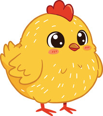 Cute cartoon chick illustration, yellow baby chicken, kawaii bird with big eyes, adorable poultry vector art, farm animal graphic, perfect for kids, stickers, and decorations