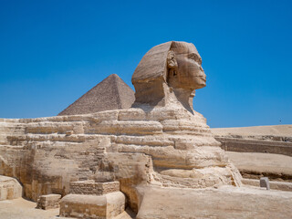 Africa, Egypt, Cairo city, Giza, Giza pyramids. Three pyramids, sphinx, statue, saqqara pyramid,...