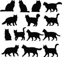 Silhouette vector of multiple cat poses, black feline collection, domestic cat illustration, pet clipart, walking and sitting cats, animal art for design and decoration