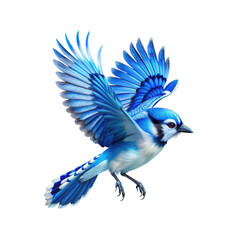 Obraz premium Blue jay in flight, vibrant blue feathers, spread wings, detailed plumage, photorealistic, high-resolution