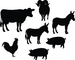 Silhouette of farm animals including cow, pig, donkey, rooster, ram, livestock illustration, black vector set, rural agricultural elements, farming design for educational use