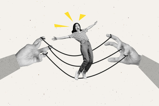 Art image full photo collage of puzzled hopeless girl hang rope marionette exploitation concept puppeteer hand demote toy