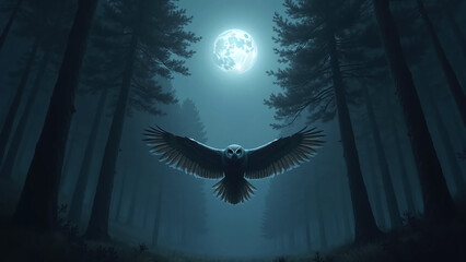 An owl spreads its wings wide under the full moon in a misty forest.