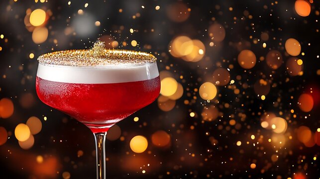 Red cocktail drink shaken with foam and glitter topping served