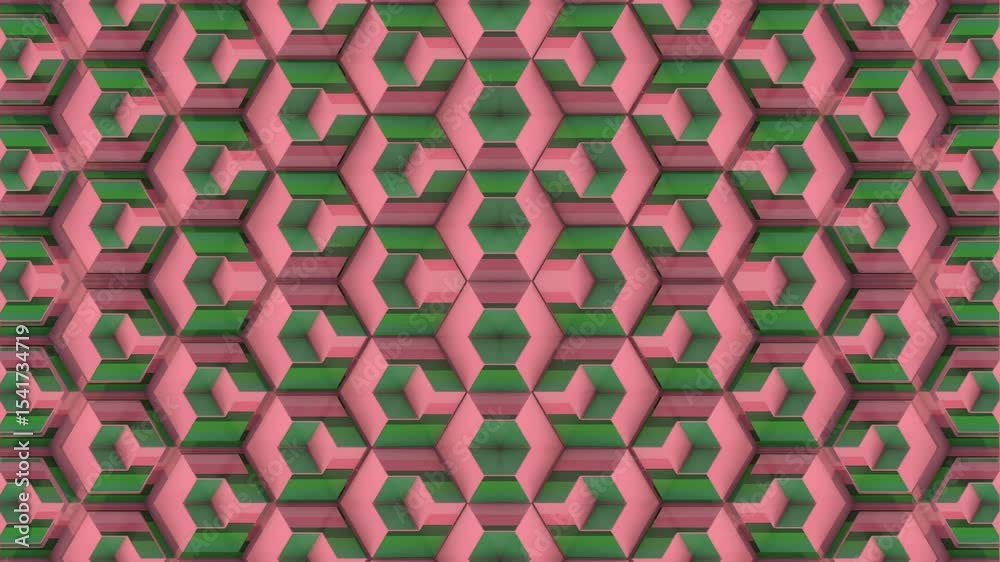 Leinwandbilder Dynamic loop animation of a symmetrical pattern of transforming cubes. Contrasting palette of pink and green enhances sense of movement and volumetry. 3d rendering 4K