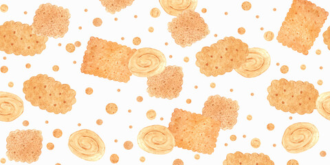 Hand drawn watercolor biscuits with confetti seamless border isolated on white background. Can be used for textile, fabric, scrapbook and other printed products.