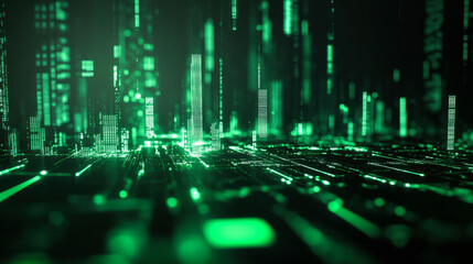 Obraz premium Digital cityscape glowing in green light with 3D structures and patterns detailing urban technology in a futuristic setting