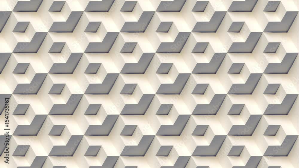 Aufkleber Loop animation of an abstract pattern of cubic structures that transform dynamically. It is an orthogonal projection with a neutral, monochromatic palette of gray and beige. 3d rendering 4K