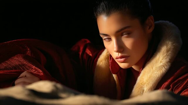 A young woman matador preparing with an amulet and sand arena