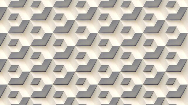 Loop animation of an abstract pattern of cubic structures that transform dynamically. It is an orthogonal projection with a neutral, monochromatic palette of gray and beige. 3d rendering 4K