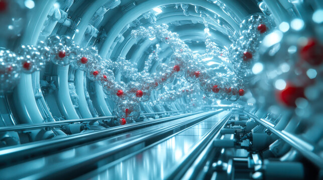 Colorful molecules interact along a futuristic tunnel showcasing advanced scientific exploration in a laboratory