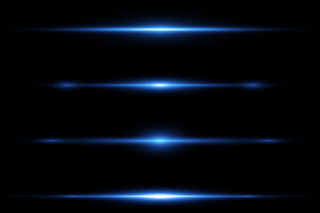 Collection of horizontal light lines. Blue lines effect, light beam, neon flash.
