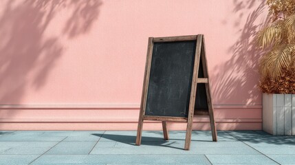 Blank A frame chalkboard sign on pink wall with plant shadows Ideal for cafe menu or business advertisement