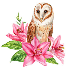 Barn owl with pink lilies watercolor illustration spring floral wall art nursery decor greeting cards and woodland animal designs