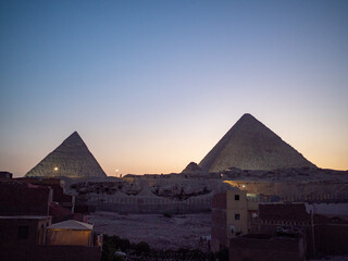 Africa, Egypt, Cairo city, Giza, Giza pyramids. Three pyramids, sphinx, statue, saqqara pyramid,...