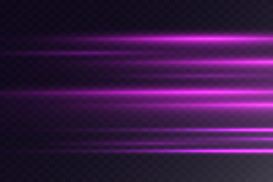 Horizontal lens flares lights purple color. Flash purple motion line. Vector.
