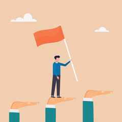 Character jumping up giant hand growth ladder to move towards goal. Mentoring to help employee achieve success. Vector illustration.	